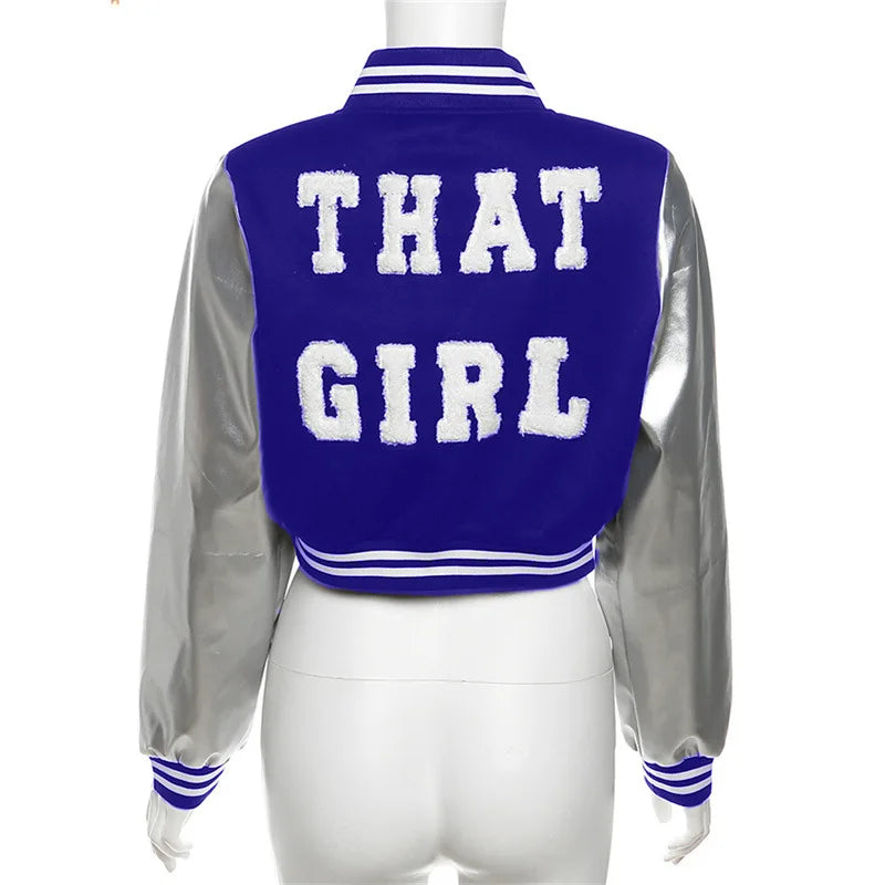 That Girl Bodycon Letter Embroidery Crop Baseball Jacket