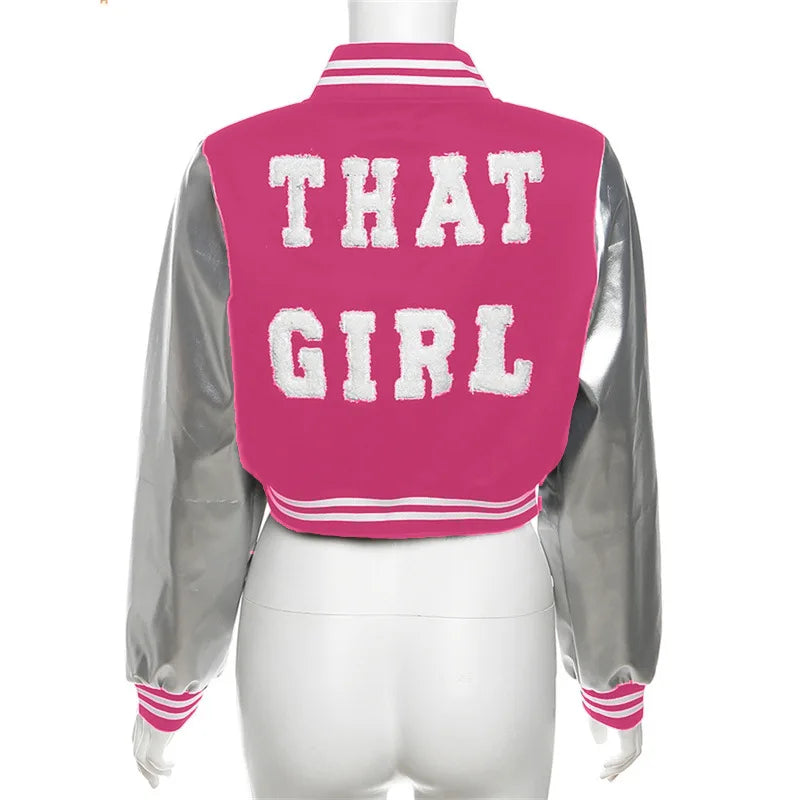 That Girl Bodycon Letter Embroidery Crop Baseball Jacket