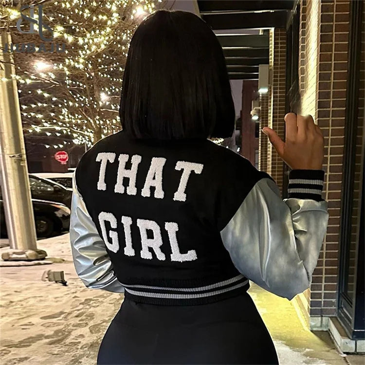 That Girl Bodycon Letter Embroidery Crop Baseball Jacket