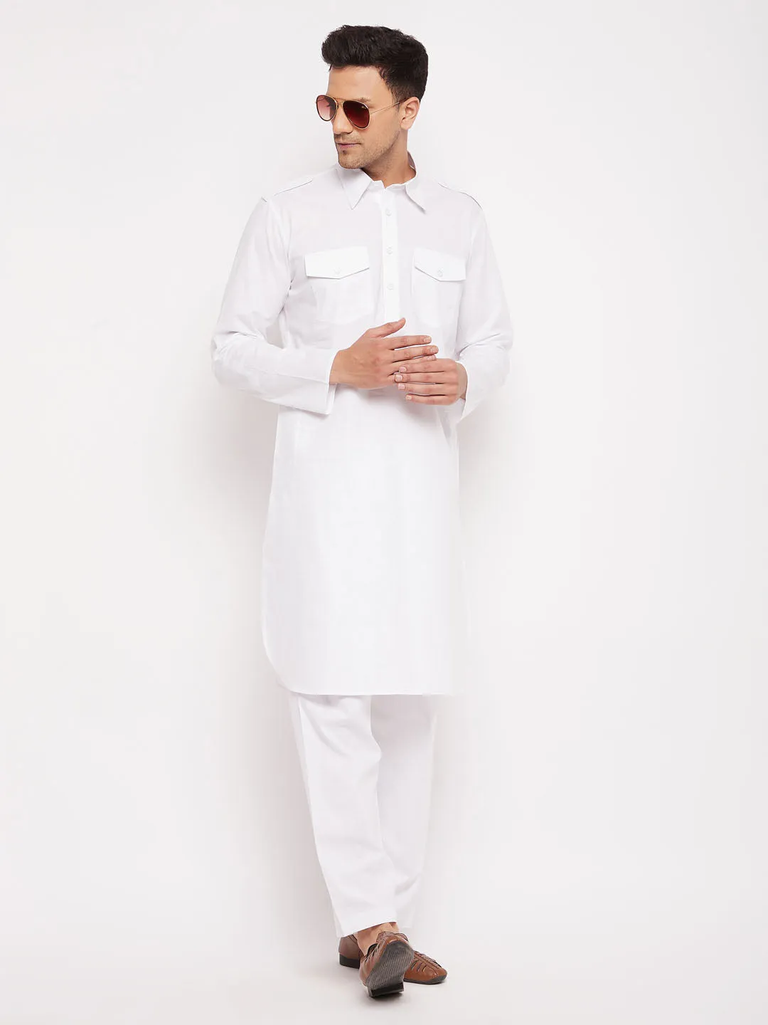 VASTRAMAY Men's White Cotton Blend Pathani Suit Set