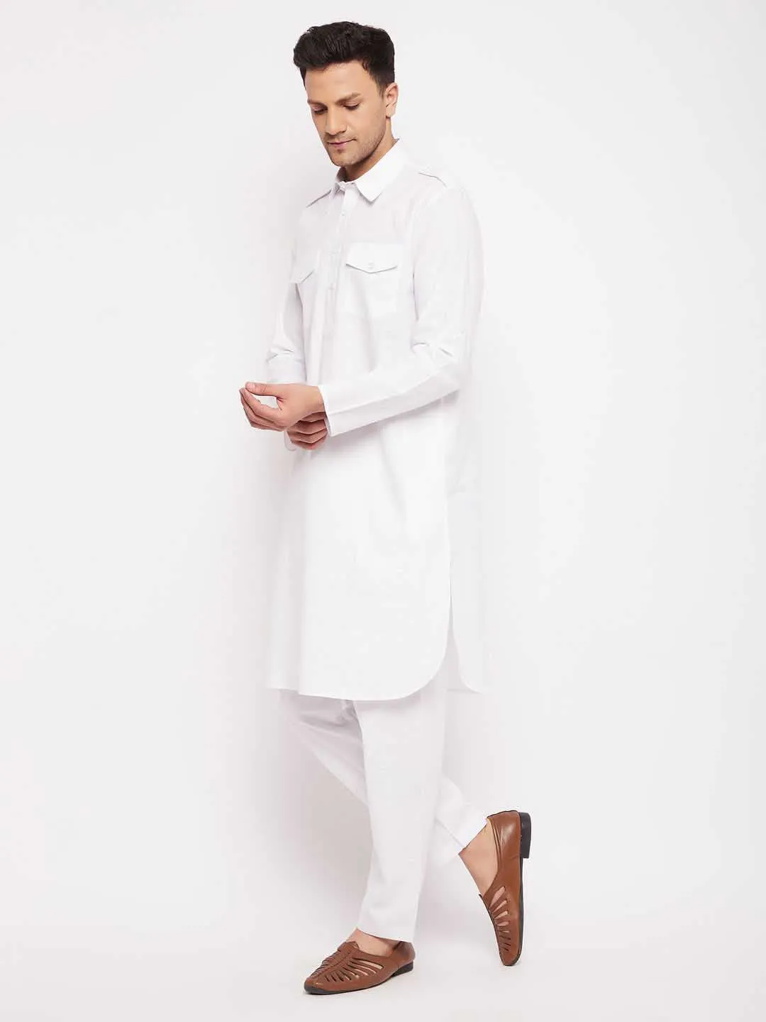 VASTRAMAY Men's White Cotton Blend Pathani Suit Set