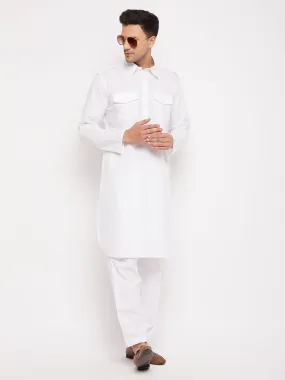 VASTRAMAY Men's White Cotton Blend Pathani Suit Set