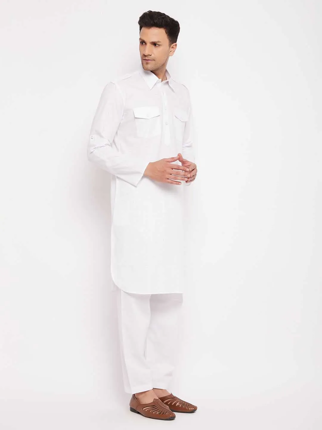 VASTRAMAY Men's White Cotton Blend Pathani Suit Set