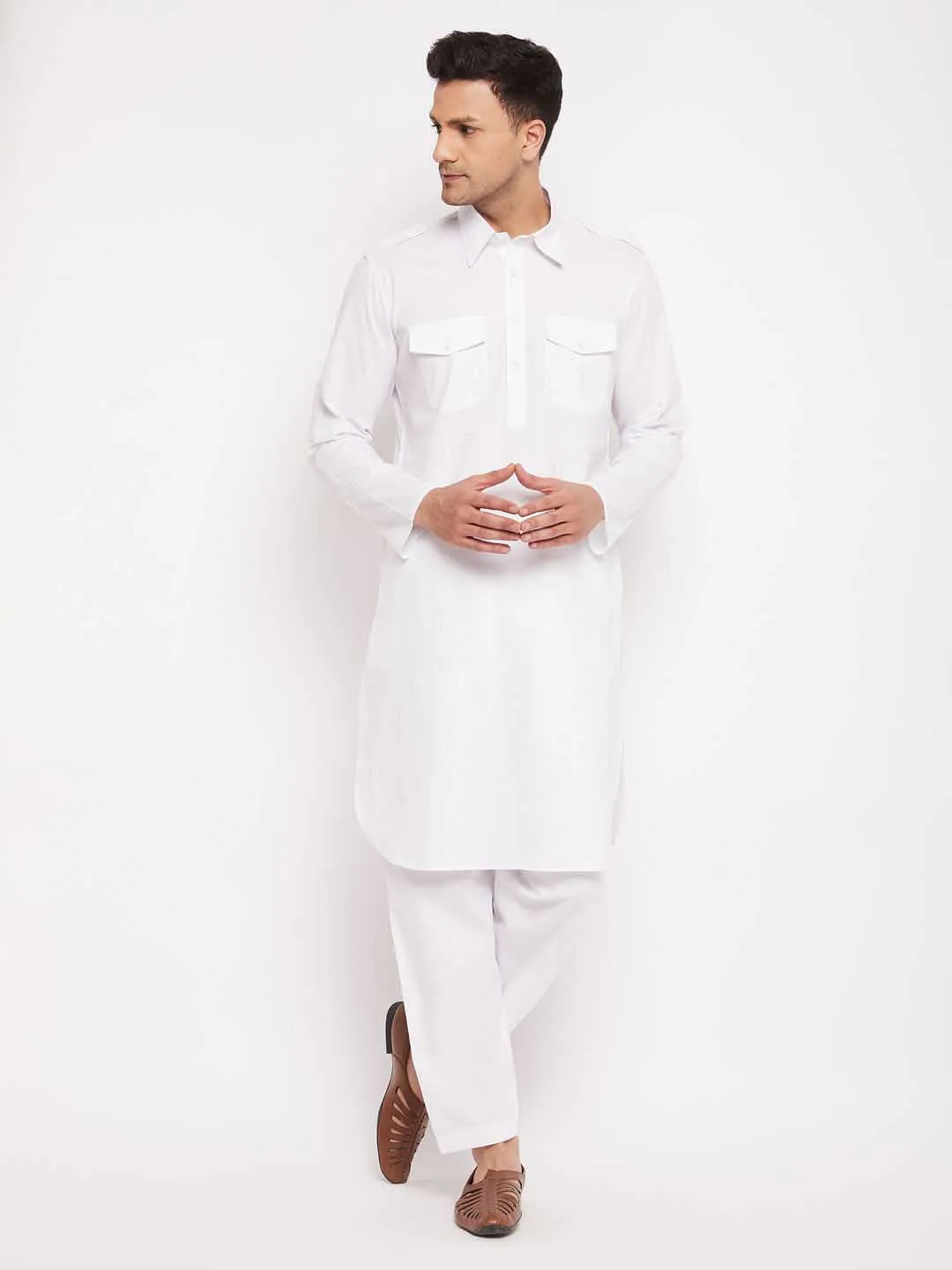 VASTRAMAY Men's White Cotton Blend Pathani Suit Set