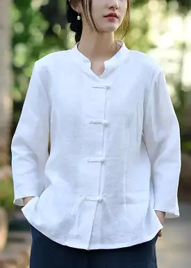 White Solid Button Linen Coats Stand Collar Spring CG1001