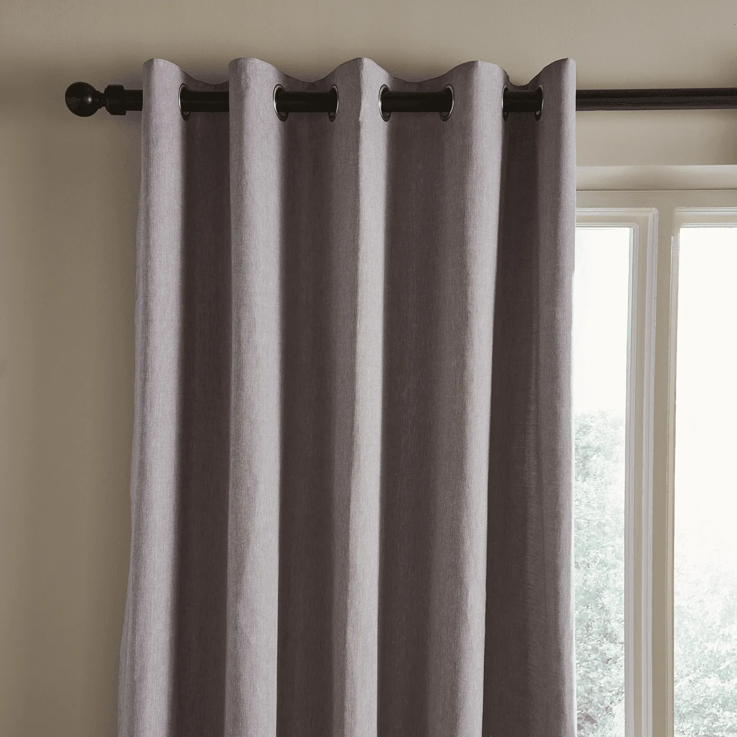 Yarn Dyed 100% Cotton Chambray Lined Eyelet Curtains Two Panels - Grey